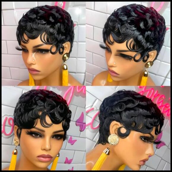 Pixie Cut Human Hair Wig Glueless Curly With Bangs Daily Wear Modern Style